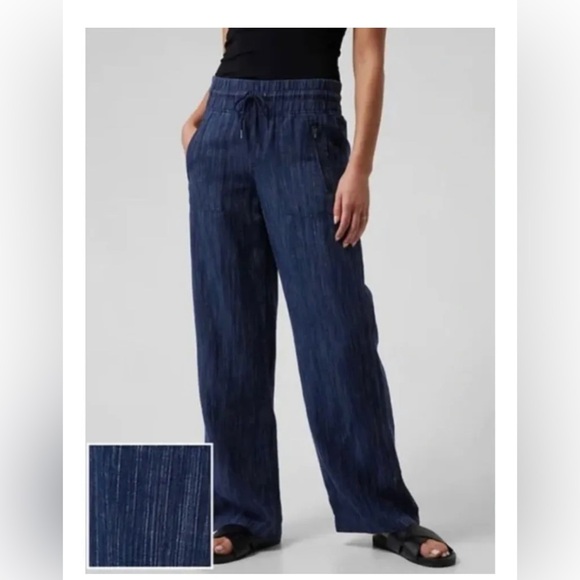 ATHLETA Blue Cabo Linen Wide Leg Textured Pants Size 4 Petite - Picture 1 of 16